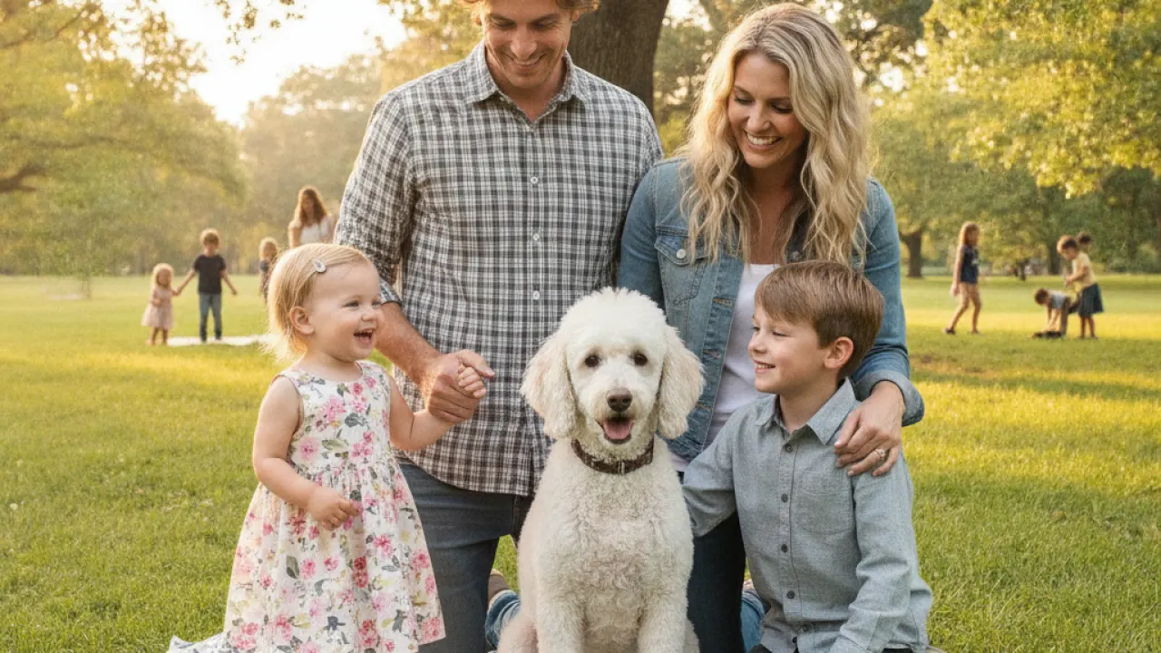 Poodle performing sit-stay command with a young family