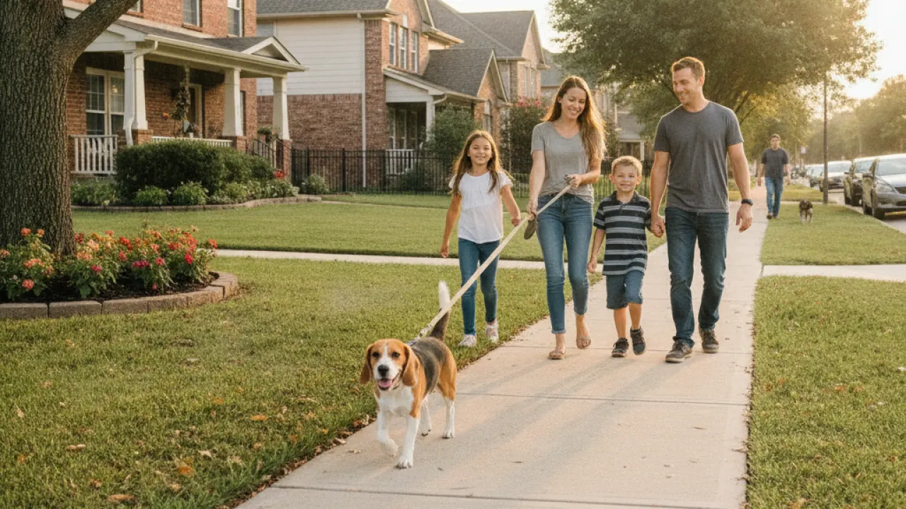 Beagle walking nicely on a leash beside a family