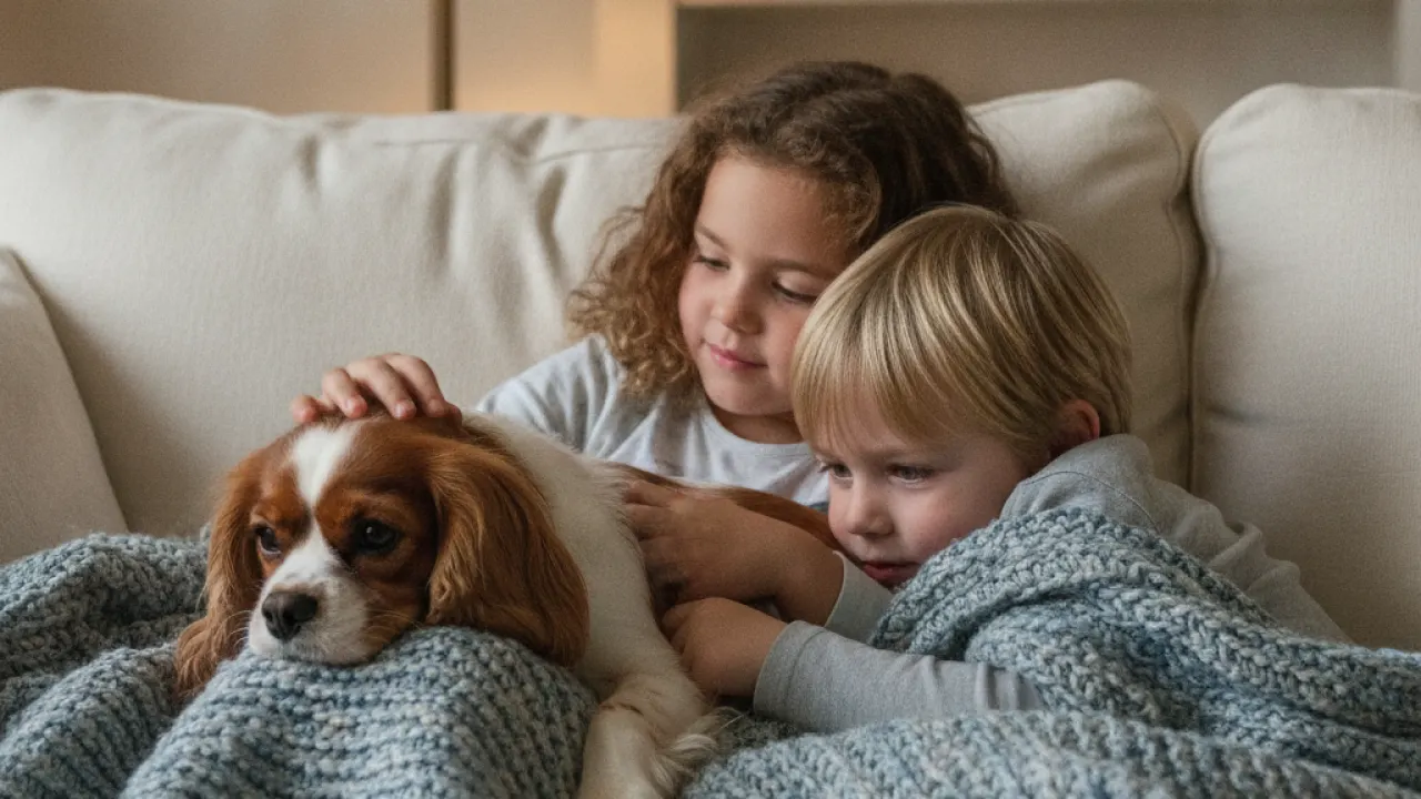 Cavalier King Charles Spaniel cuddling with kids on a couch