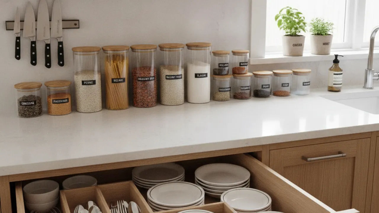 Organised kitchen with labeled containers and tidy countertops