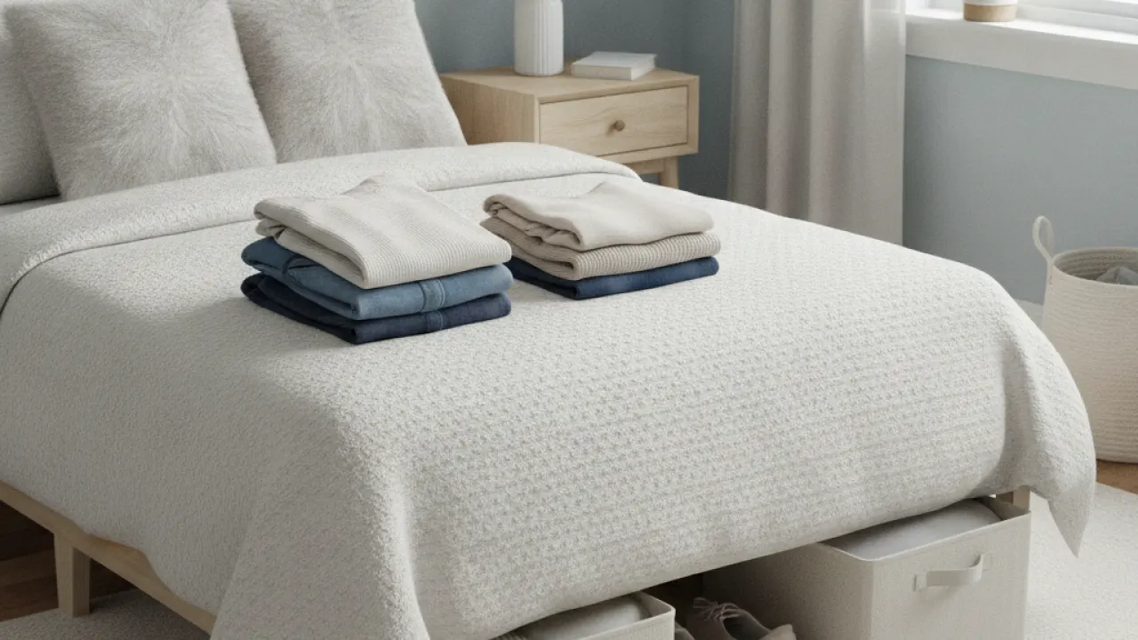 Neat and organised bedroom with folded clothes and clear nightstand