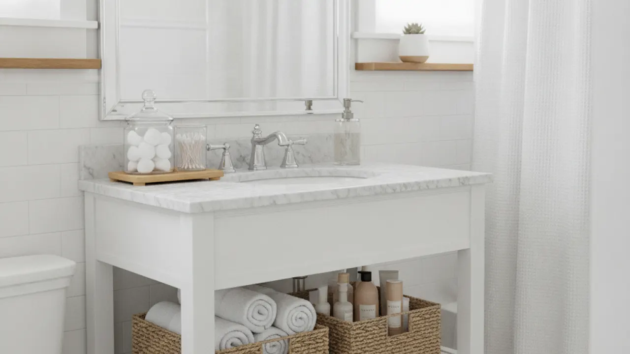 Organised bathroom with basket storage and clean surfaces