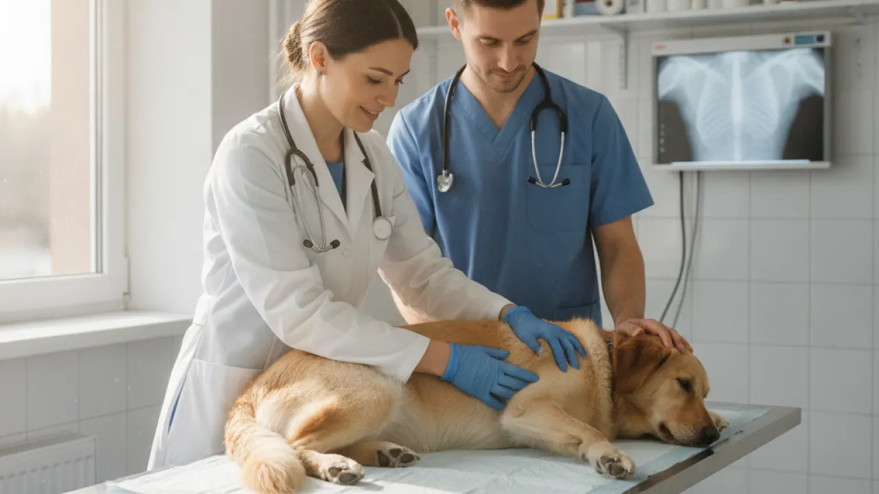 Veterinarian examining a dog on a clinic table