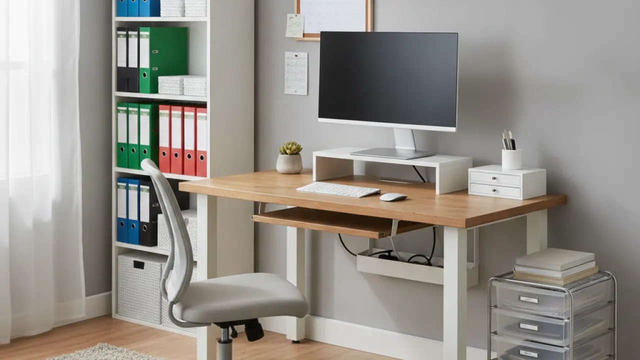 Tidy home office with organised desk and filing system
