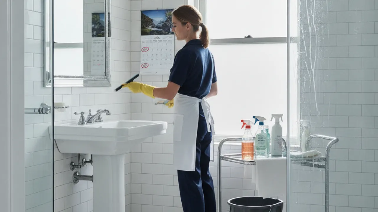 Bathroom being cleaned on a weekly schedule, clean tiles and mirror