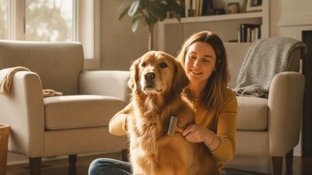 Person brushing a golden retriever at home