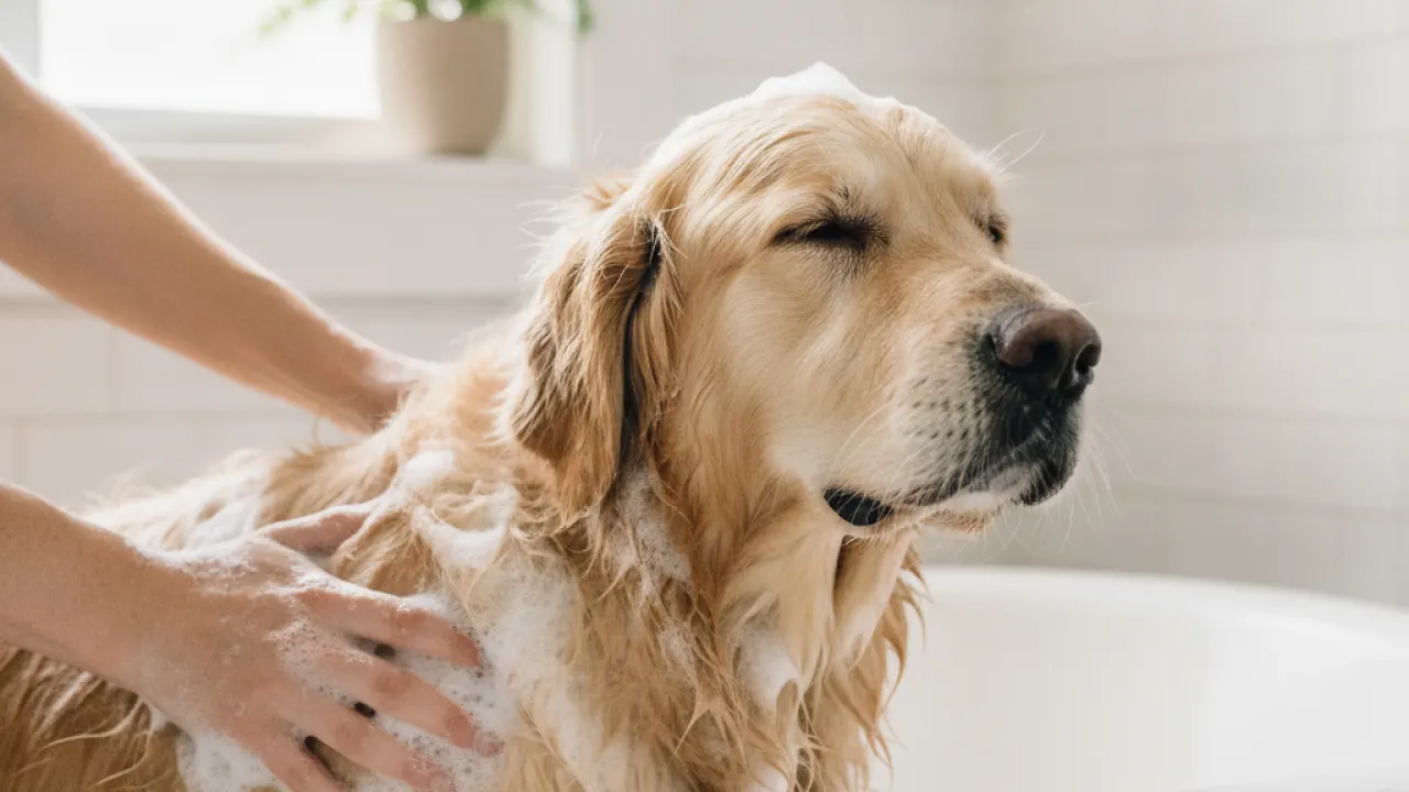 Dog being bathed with shampoo suds in a bathtub