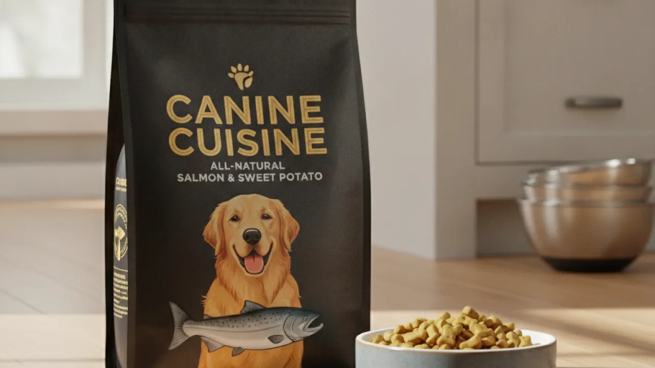 Premium dog food bag next to a bowl with kibble on kitchen floor