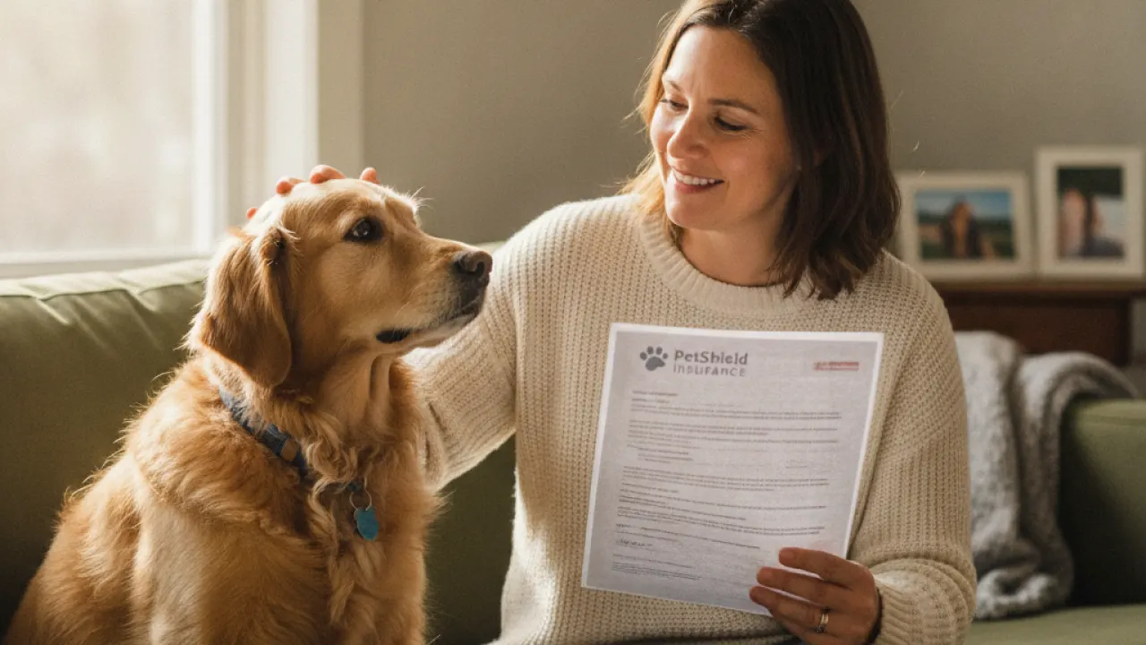 Person holding pet insurance paperwork with dog beside them