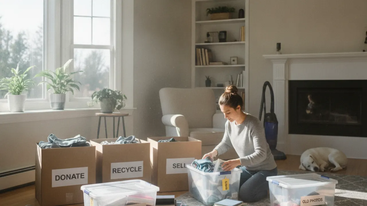 Person sorting belongings into keep donate and discard piles