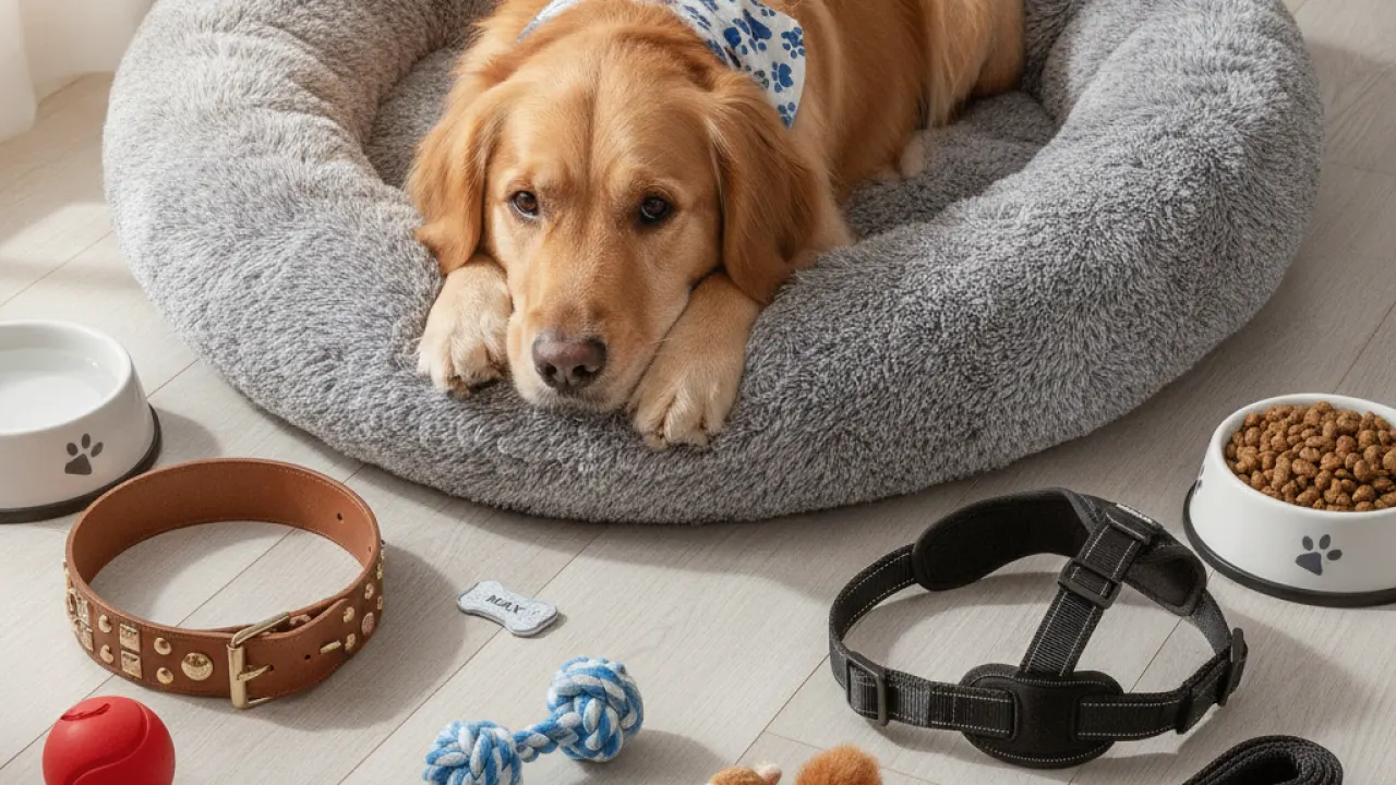 Dog with accessories including bed collar use and toys spread out