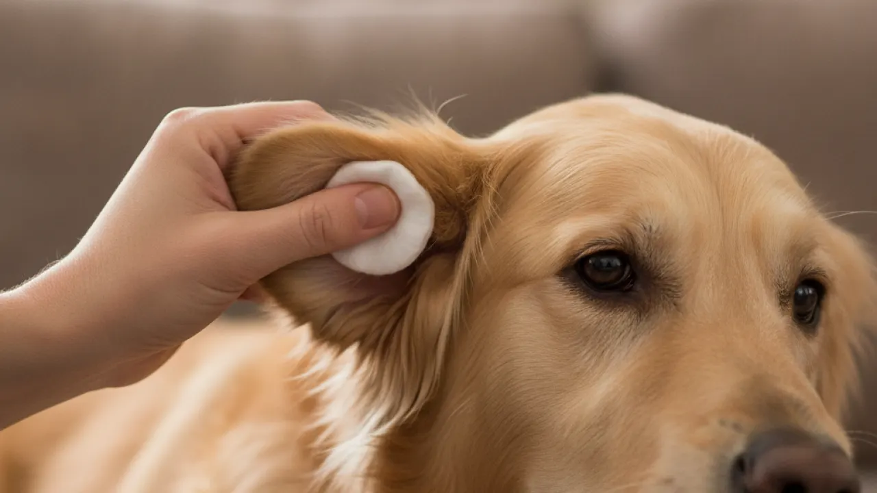 Owner gently cleaning a dog's ear with a cotton ball