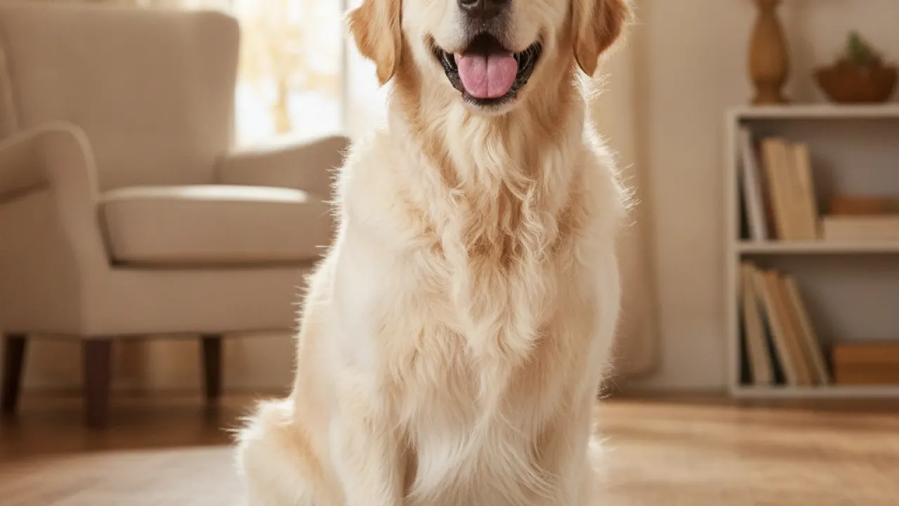 Happy clean dog sitting on a towel after grooming