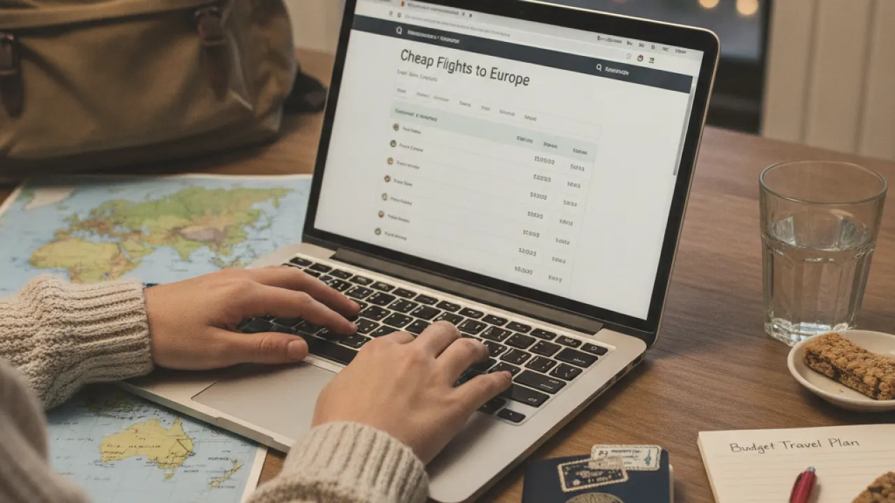 Person planning budget travel on laptop with passport and map