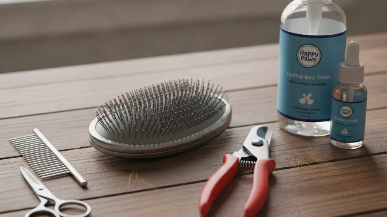 Dog grooming tools laid out neatly on a table