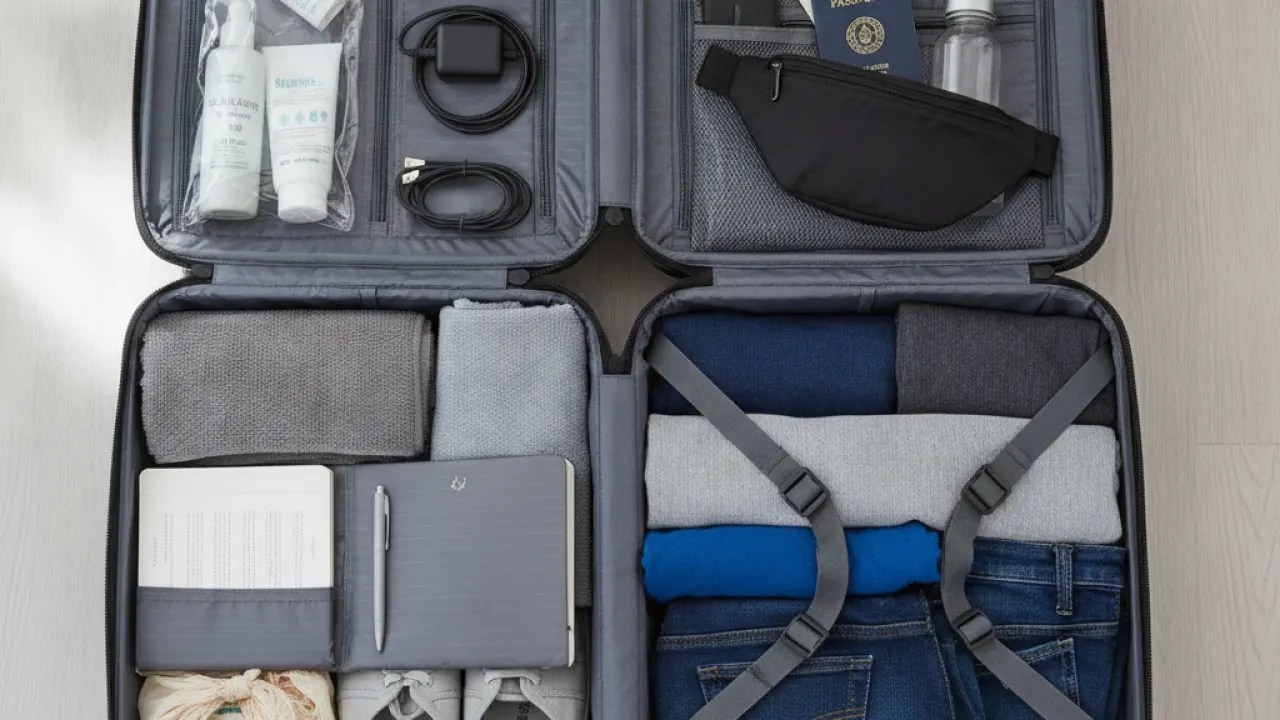 Neatly packed carry-on suitcase for budget travel