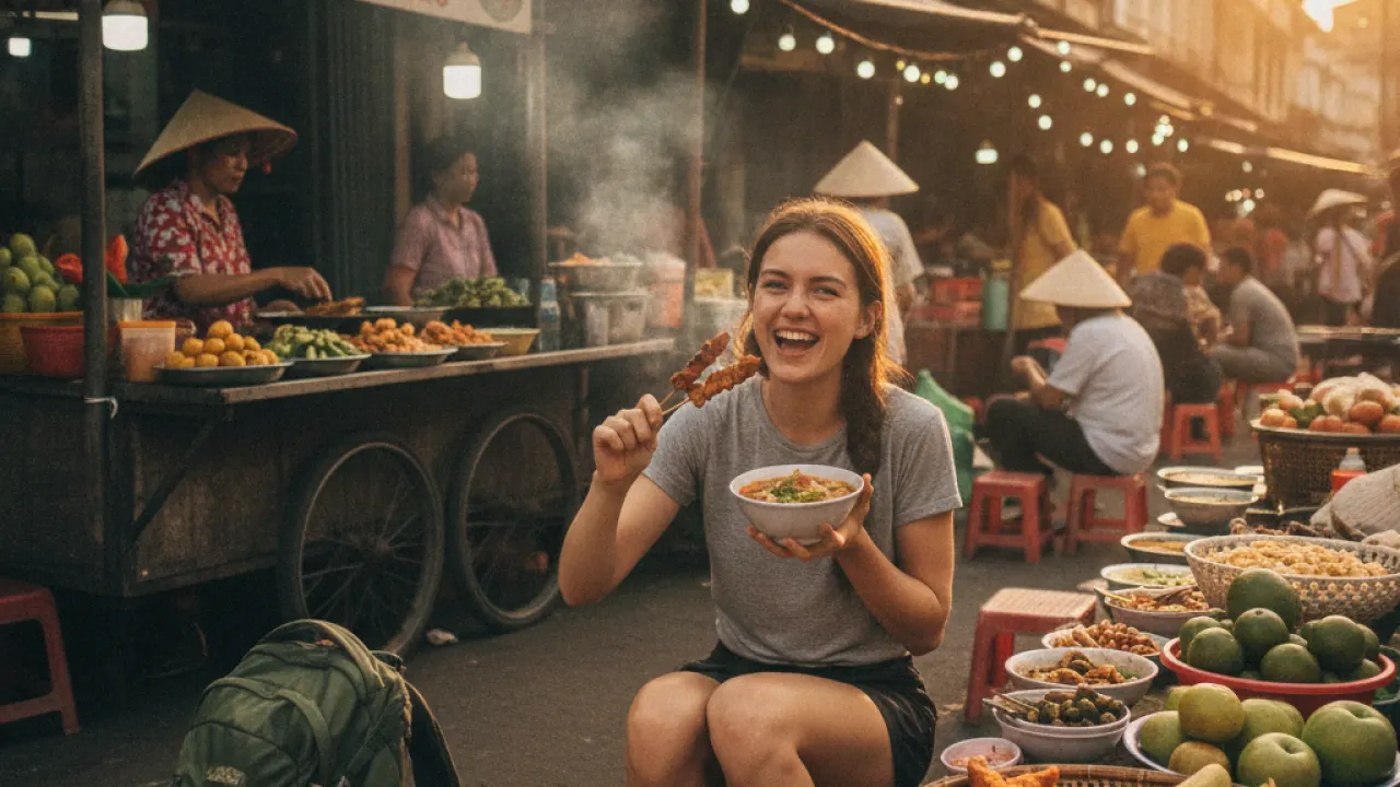 Street food market abroad with local cuisine, eating cheap while traveling