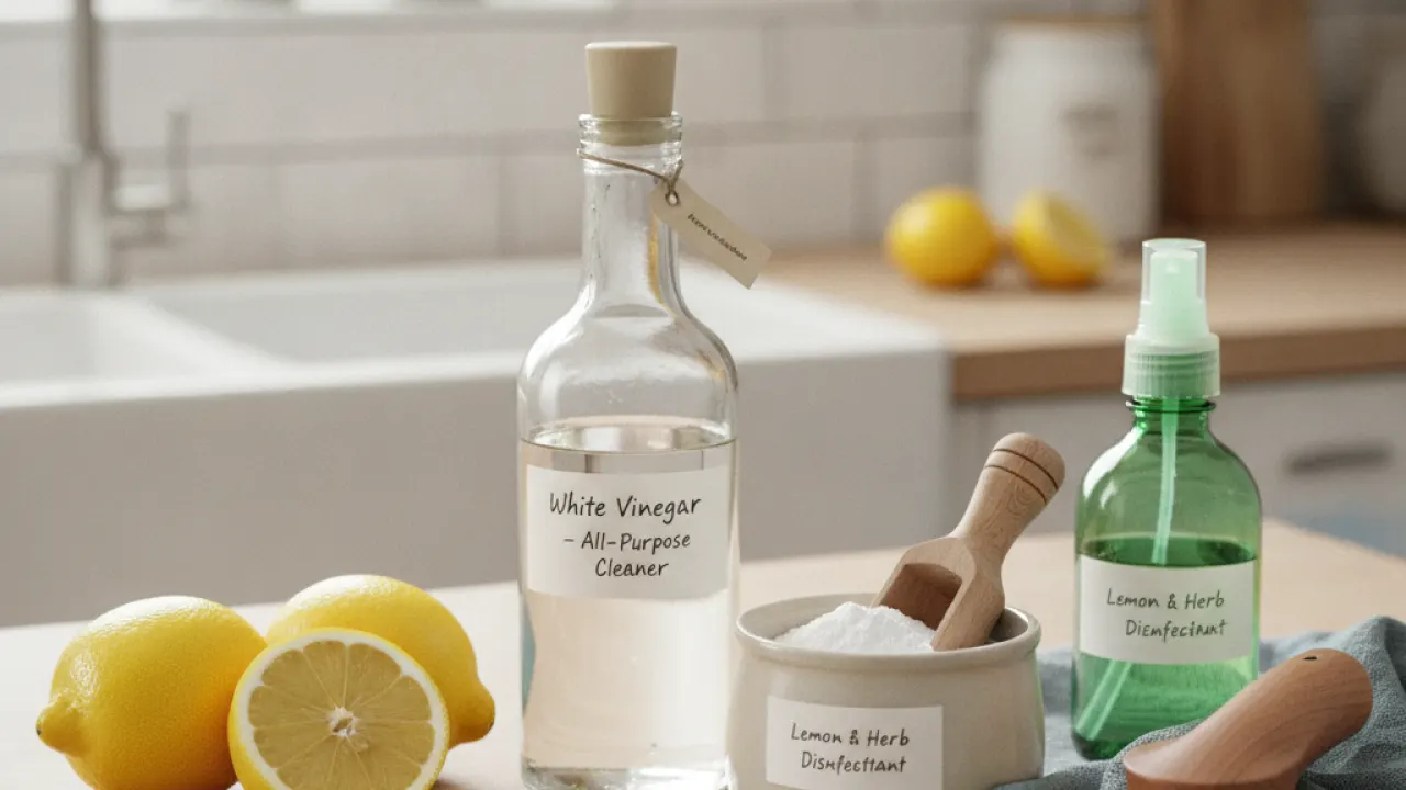 Natural cleaning products including white vinegar baking soda and lemon on a kitchen counter