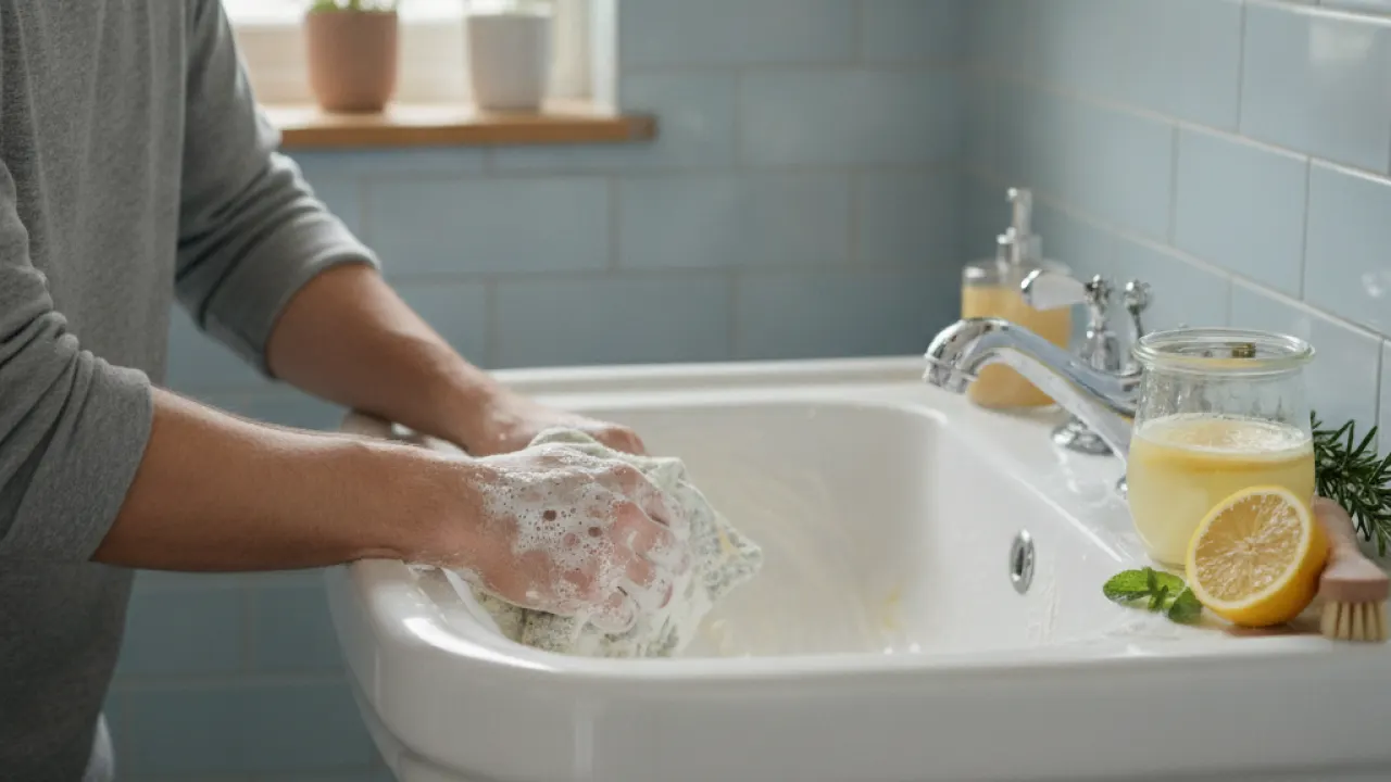 Person scrubbing a bathroom sink with a natural homemade cleaner and cloth