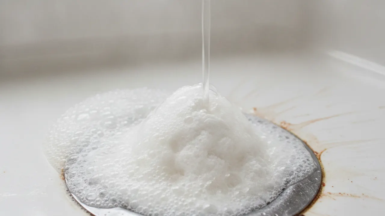 Baking soda and vinegar fizzing in a sink drain for natural cleaning