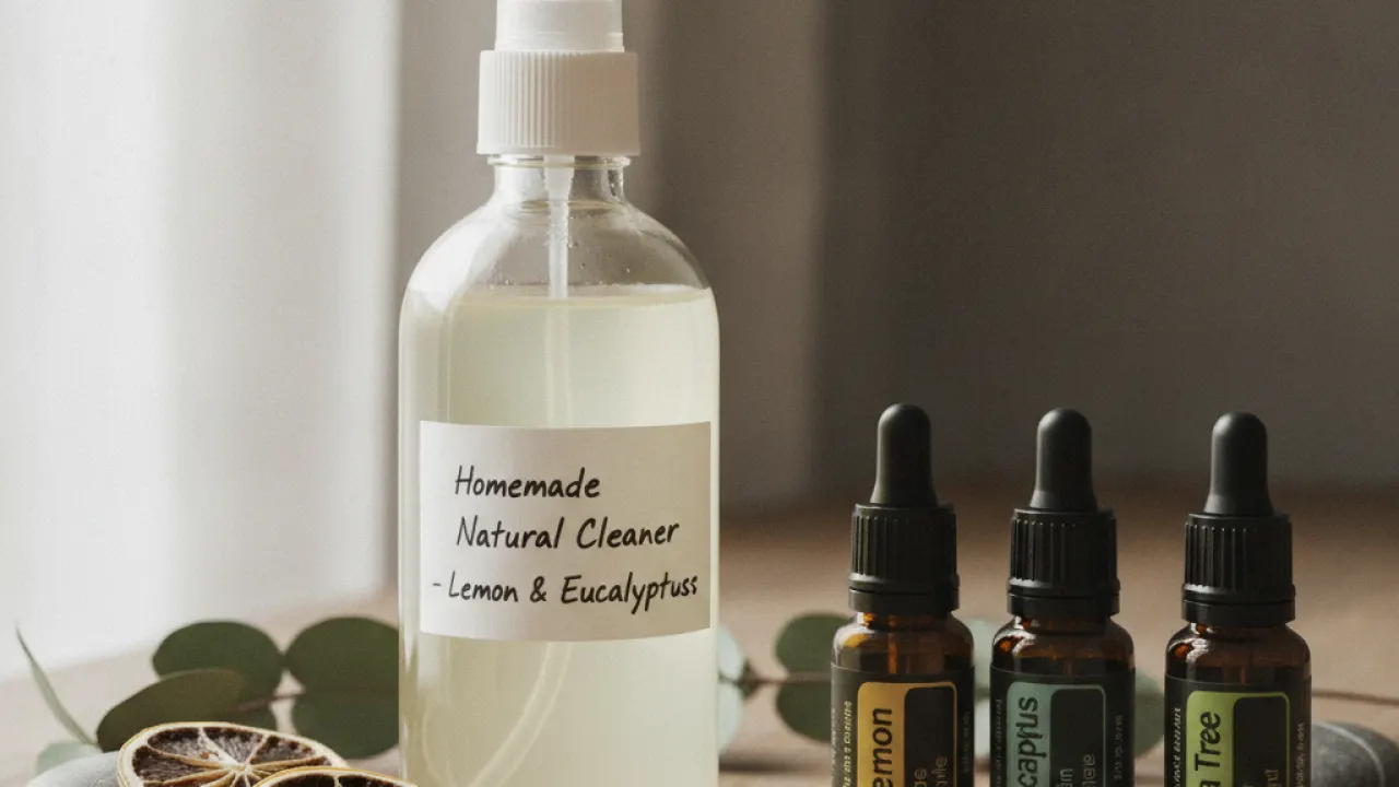 Spray bottle of homemade natural cleaner next to essential oil bottles