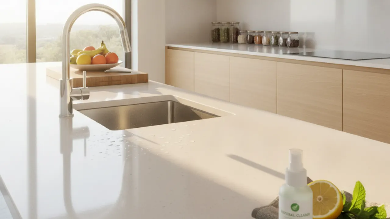 Clean shining kitchen surfaces after being cleaned with natural products