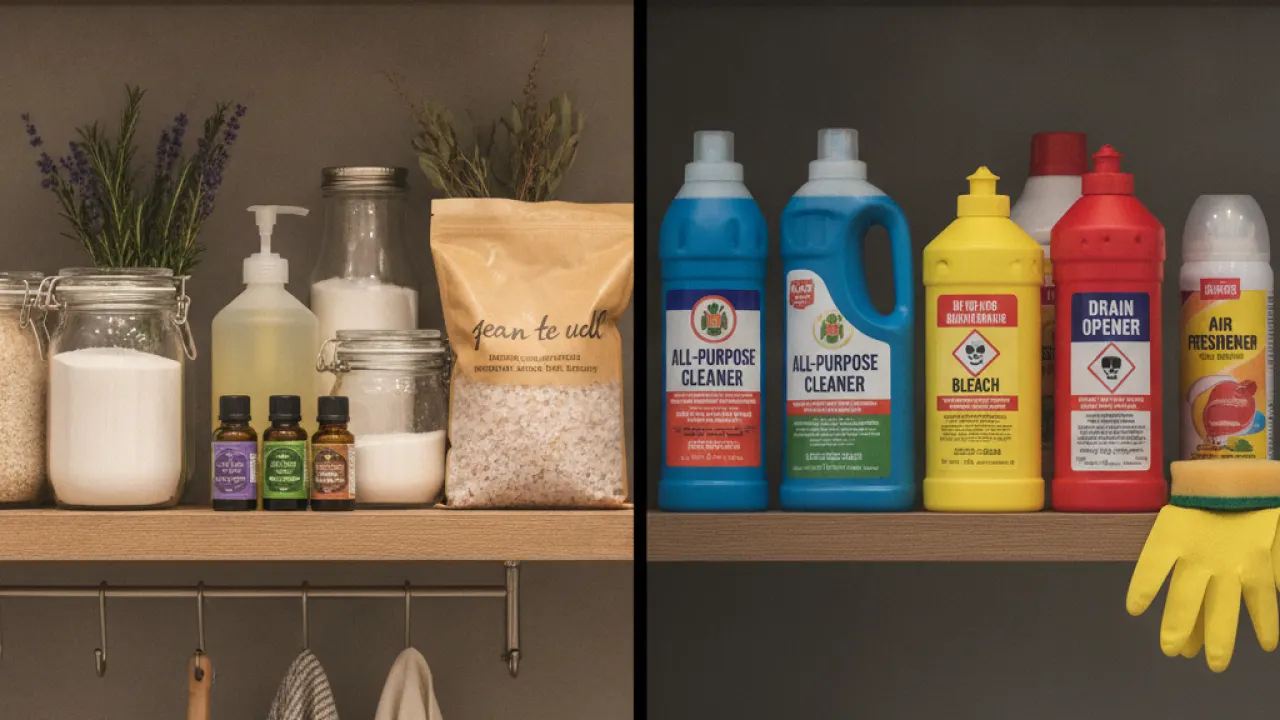 Comparison of natural cleaning ingredients versus chemical cleaning products on a shelf