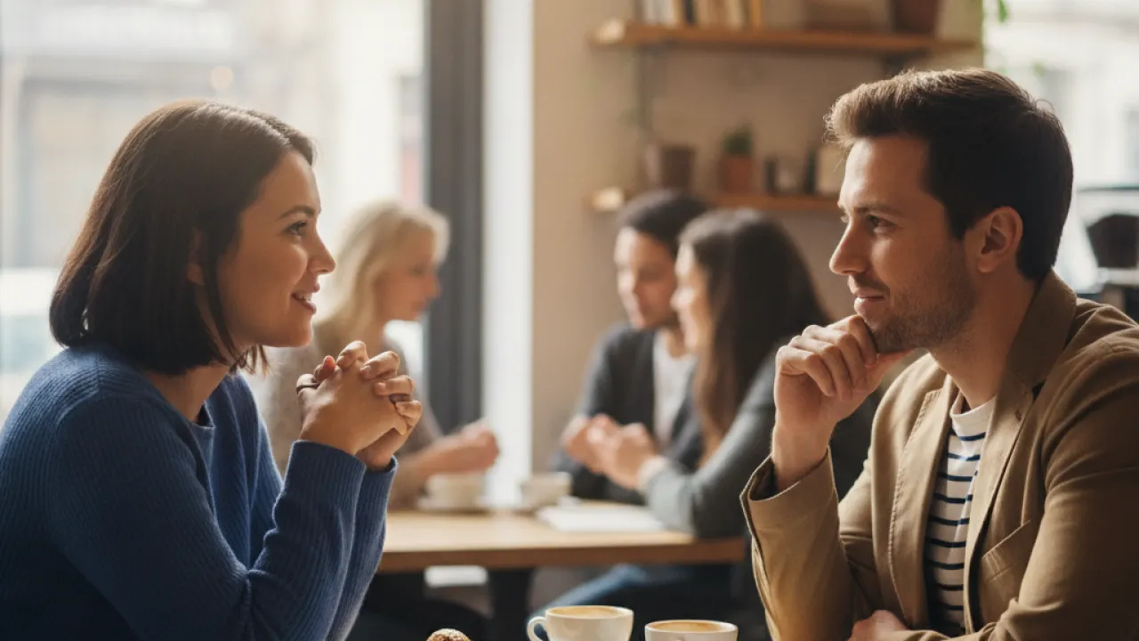 Two people having a genuine one-on-one conversation in a coffee shop