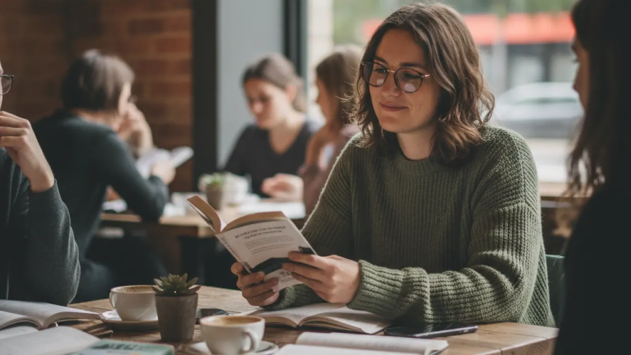 Person at a small group book club or workshop, introvert comfortable in social situation
