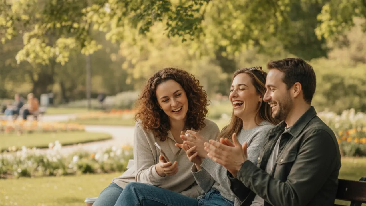 Small group of friends laughing together outdoors after a social meetup
