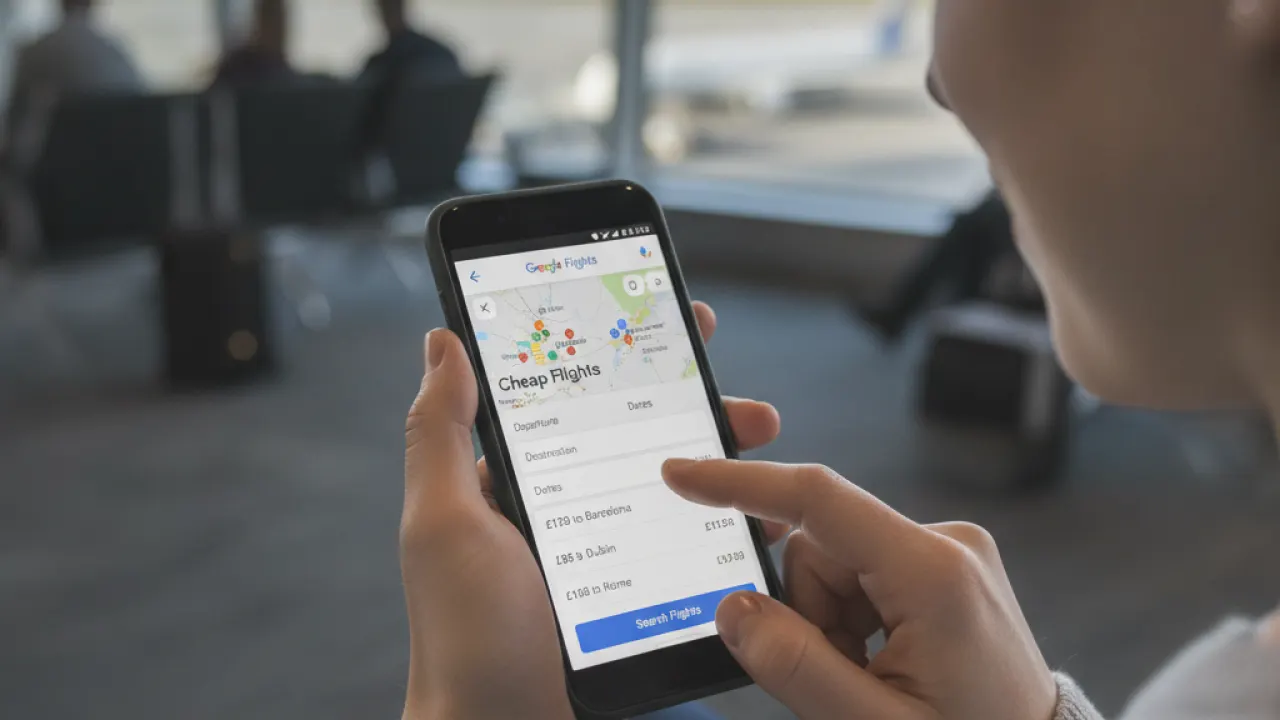 Person using a smartphone to search for cheap flights on Google Flights app