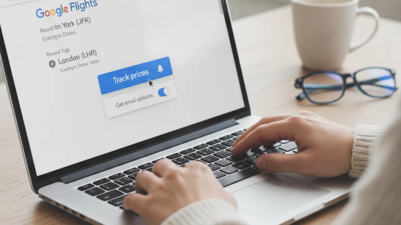 Person setting up a flight price alert on Google Flights on a laptop