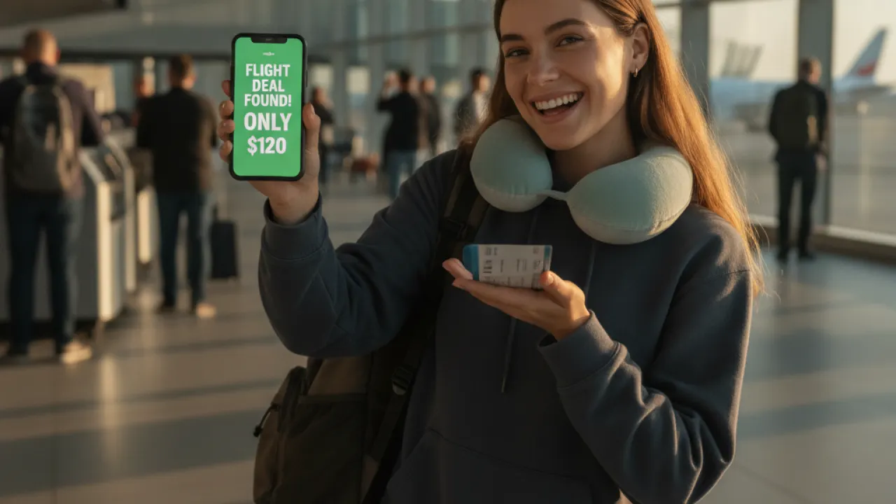 Happy traveler at airport with luggage having found a cheap flight deal online