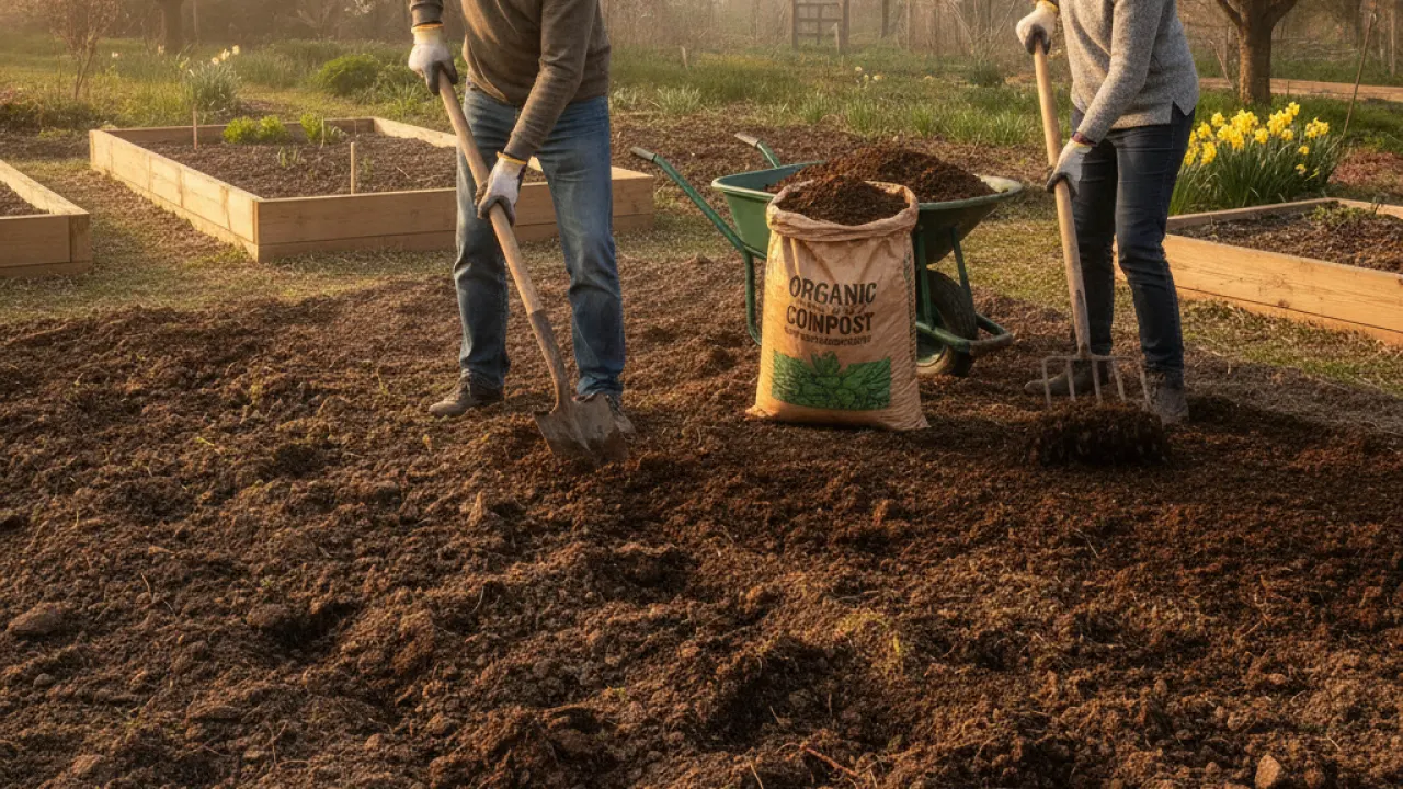 Hands planting tomato seedlings in a raised garden bed