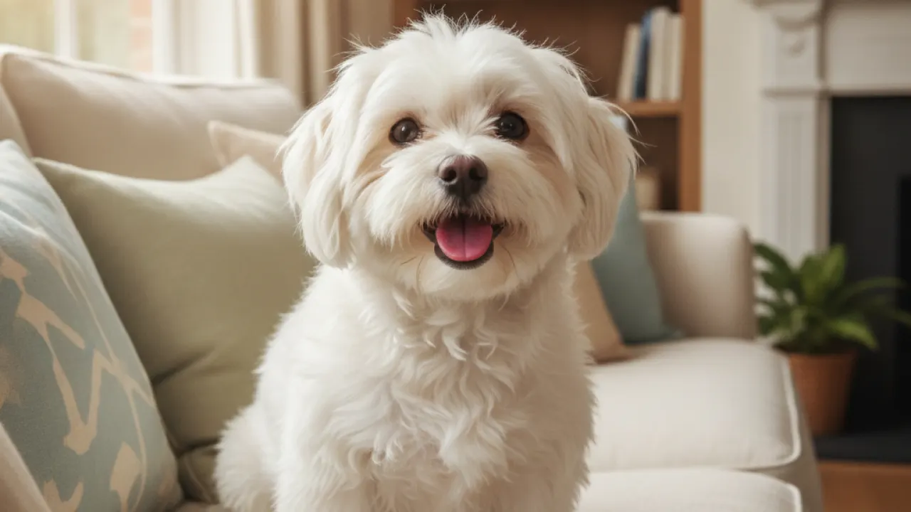 Adorable Maltese dog sitting on a couch with white fluffy coat