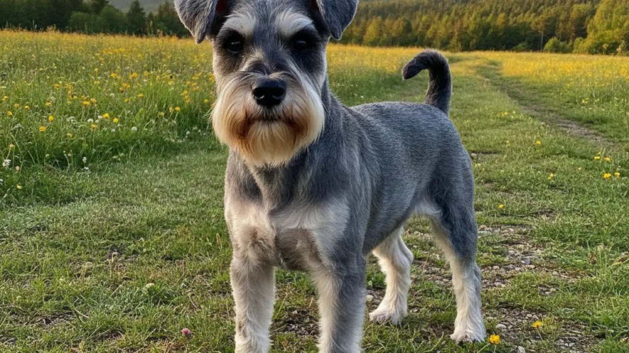 Miniature Schnauzer small dog standing outdoors with alert expression