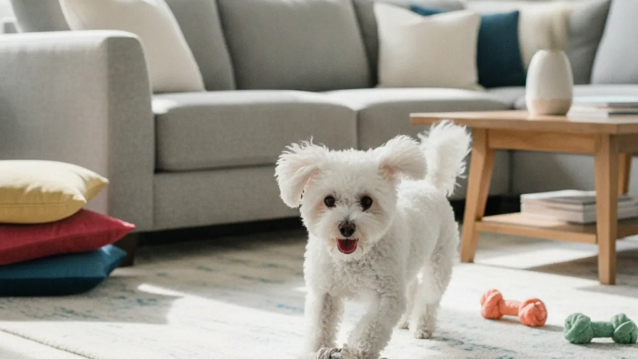 Bichon Frise small white fluffy dog playing in a living room