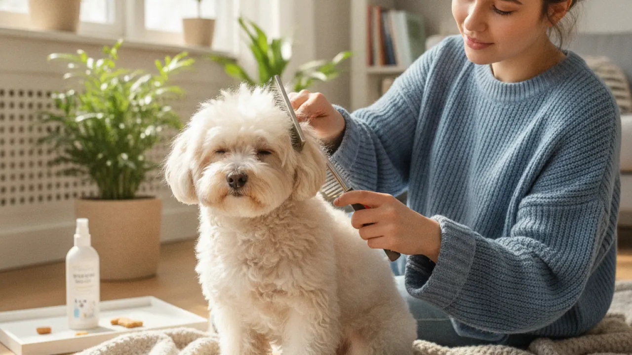 Person brushing a small dog during grooming routine