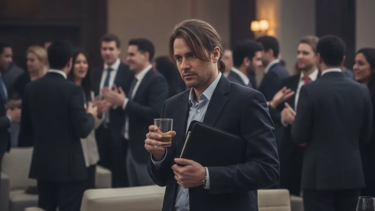 Person standing alone at a crowded networking event looking uncomfortable