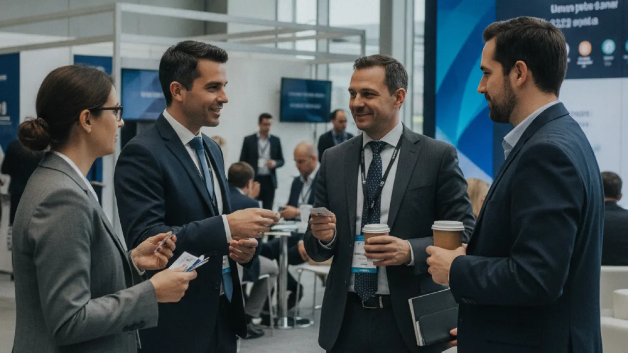 Small group of professionals talking and exchanging business cards at a conference