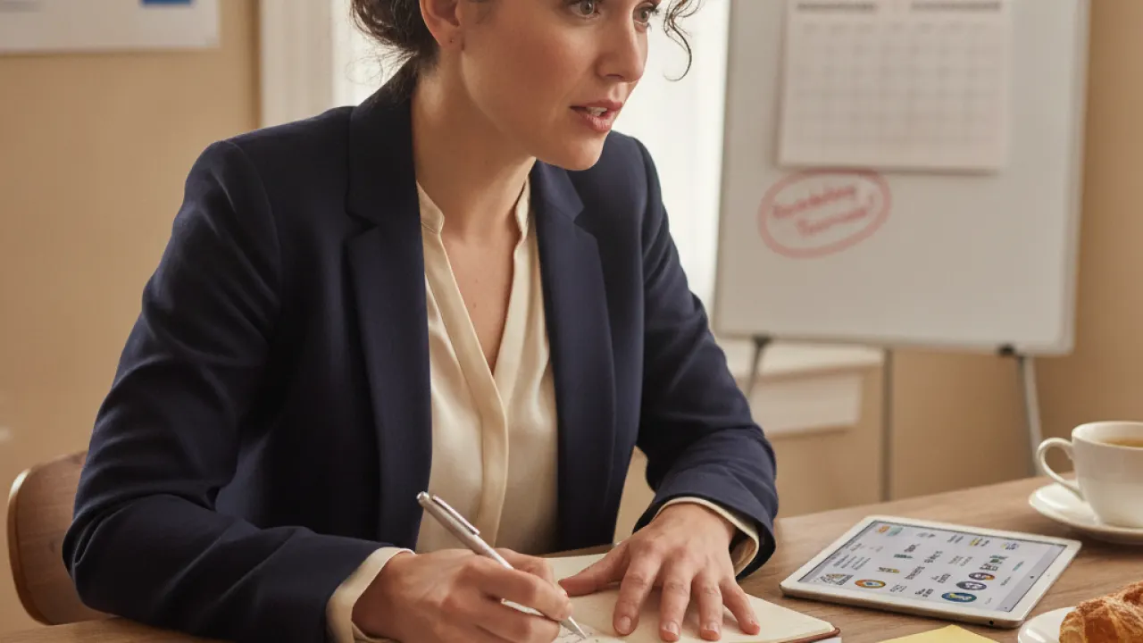 Person preparing for a networking event writing notes and practicing what to say