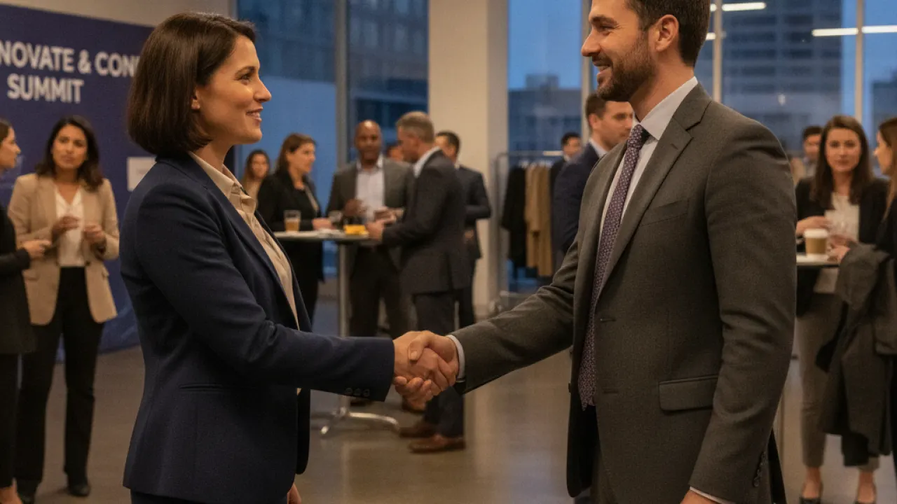 Two professionals following up with a friendly handshake at end of a networking event