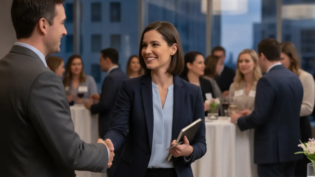 Person confidently introducing themselves to a new contact at a business mixer event