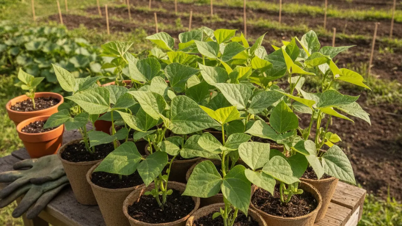 Runner bean seedlings ready to plant in July garden