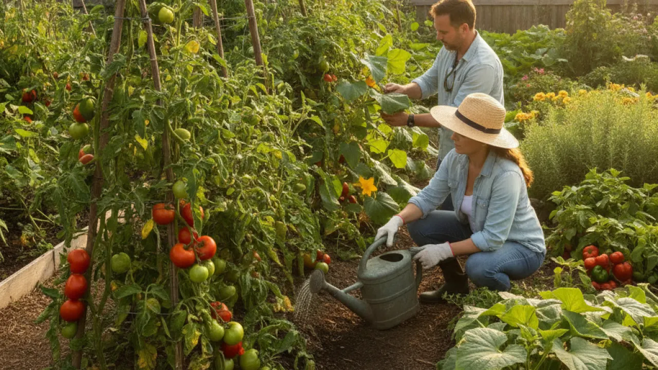 Gardener tending vegetable garden in July feeding tomatoes and checking for pests