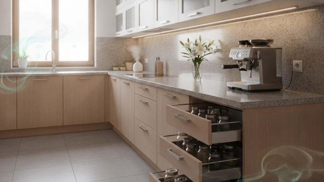 Sparkling clean kitchen after deep cleaning with organized countertops