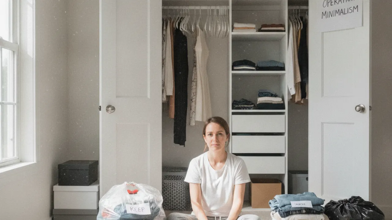 Person decluttering a bedroom closet sorting clothes into piles