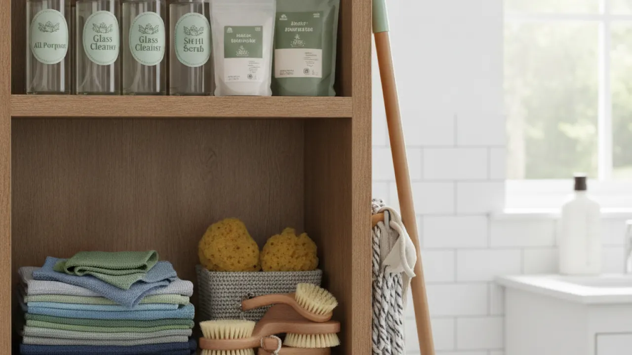 Organized cleaning supplies on a shelf ready for spring cleaning