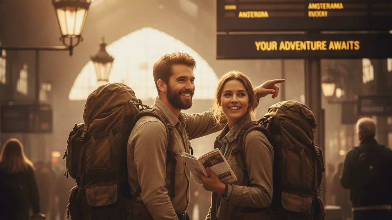 Couple with backpacks at a train station looking at departure board for a weekend trip
