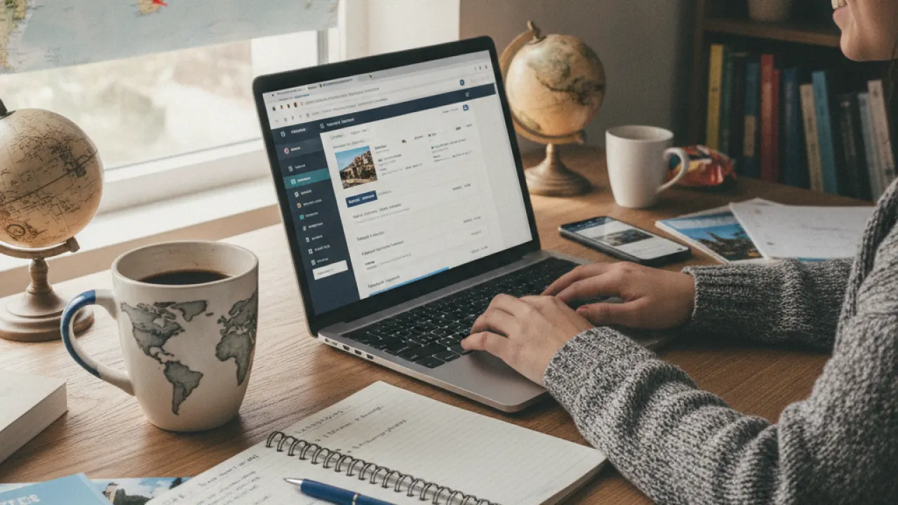 Person planning a weekend trip on a laptop with map and notebook